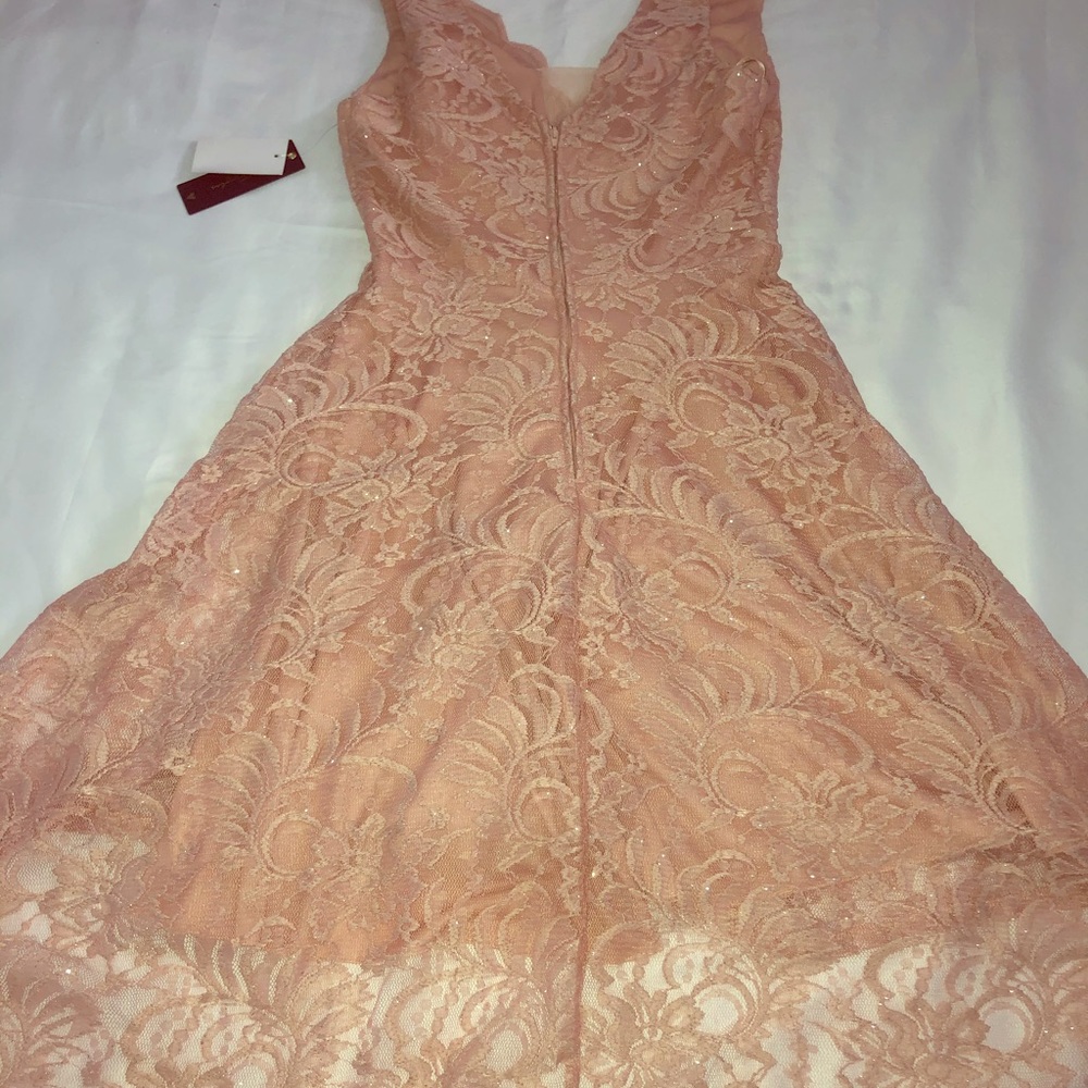 Peach almost pink glam high low lace dress.